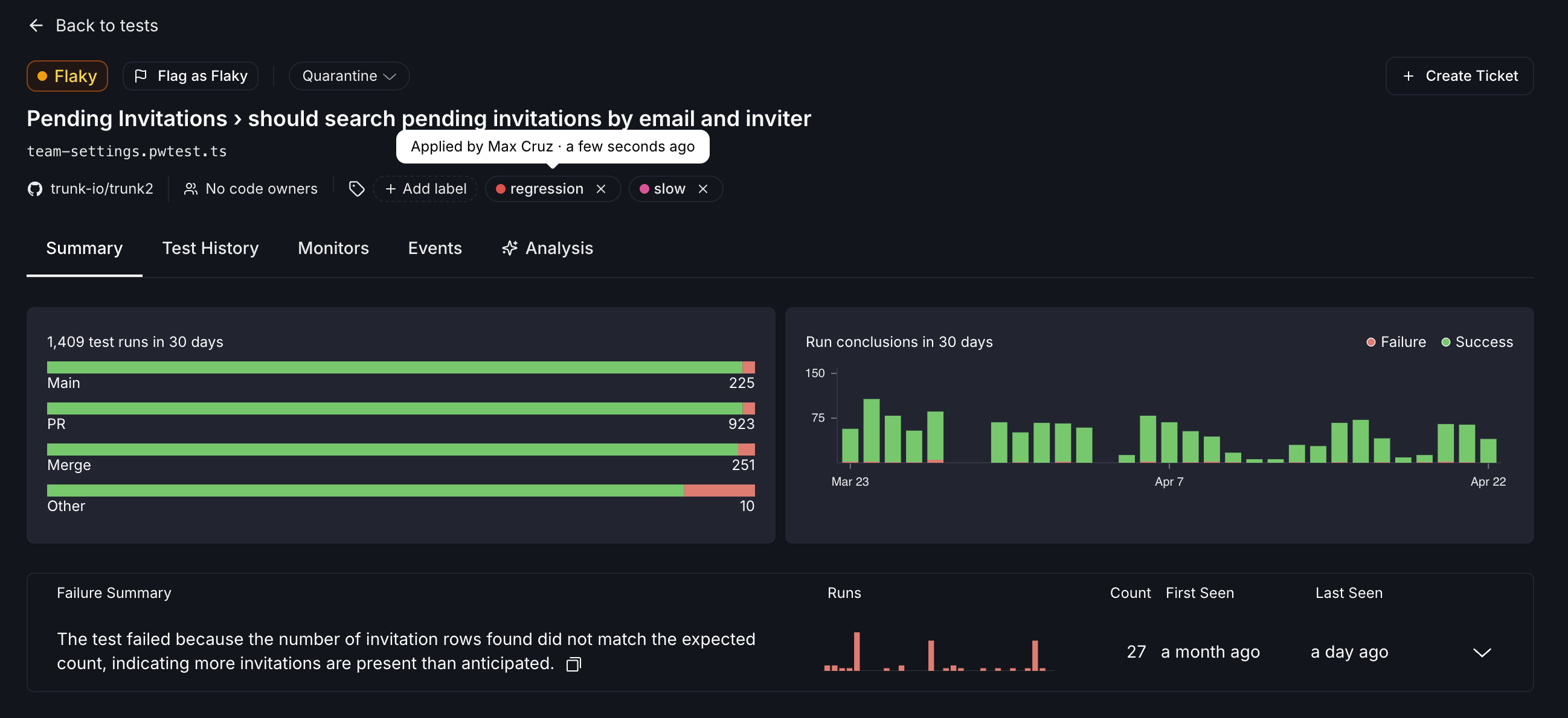 Labels applied to a test on details page