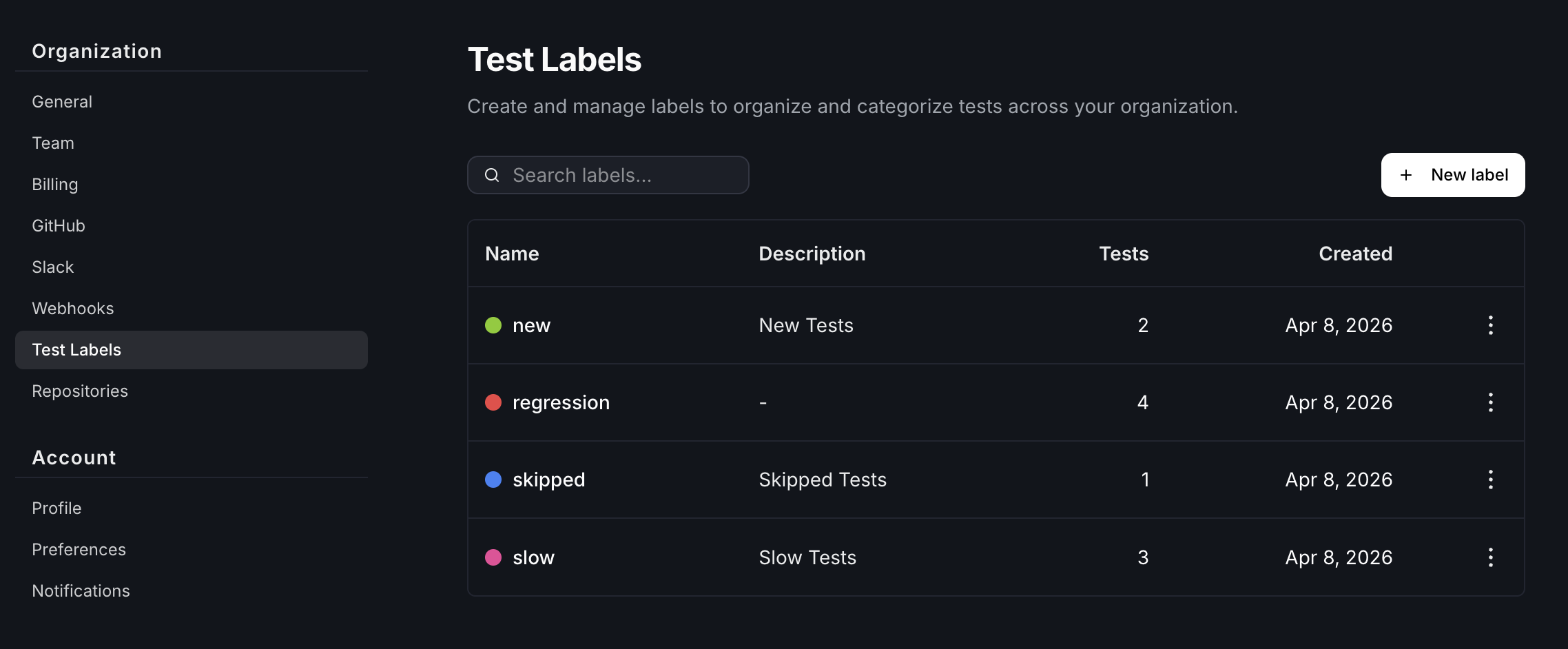 Settings page to manage test labels