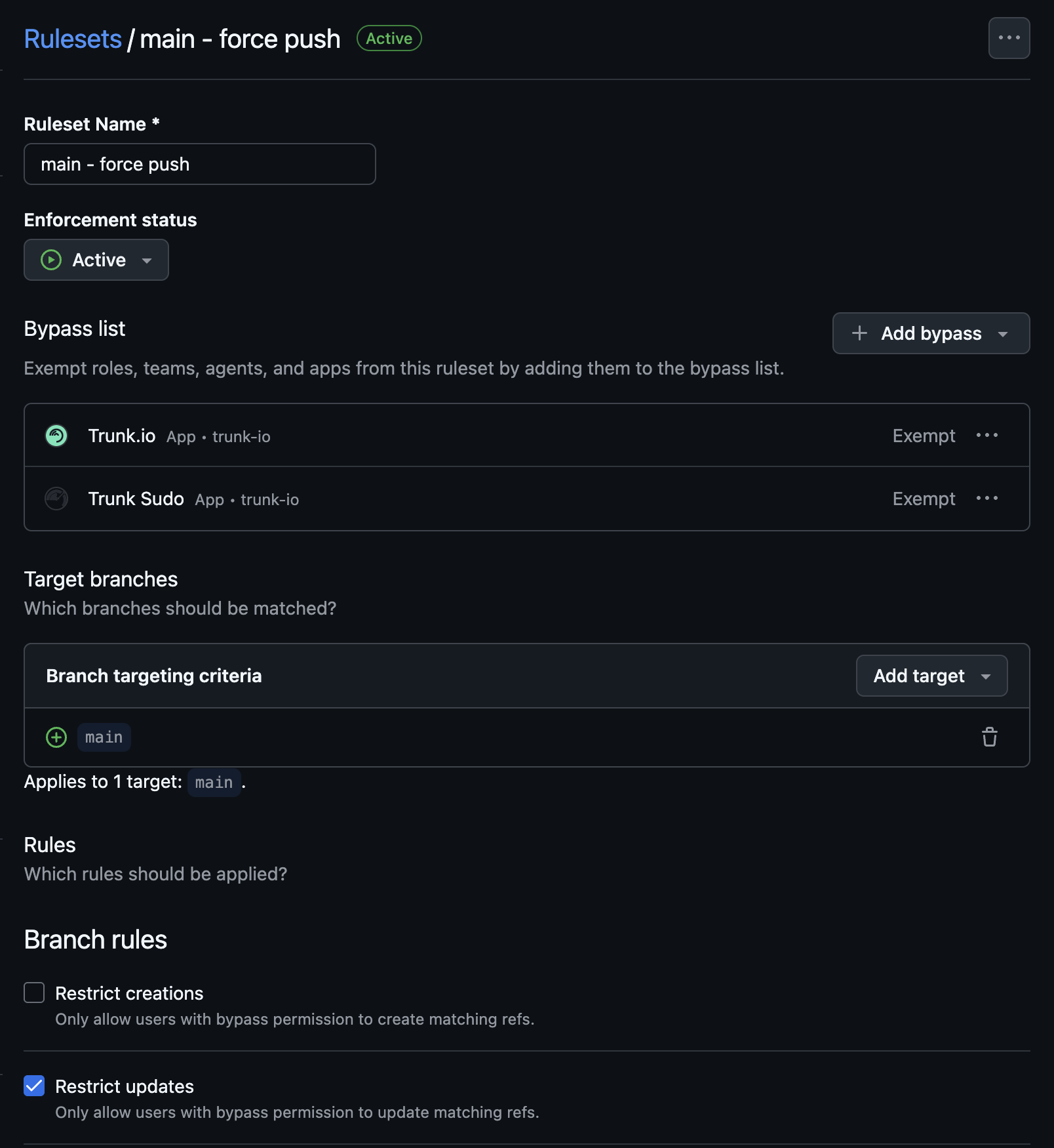 GitHub ruleset bypass list with Trunk Sudo set to Exempt