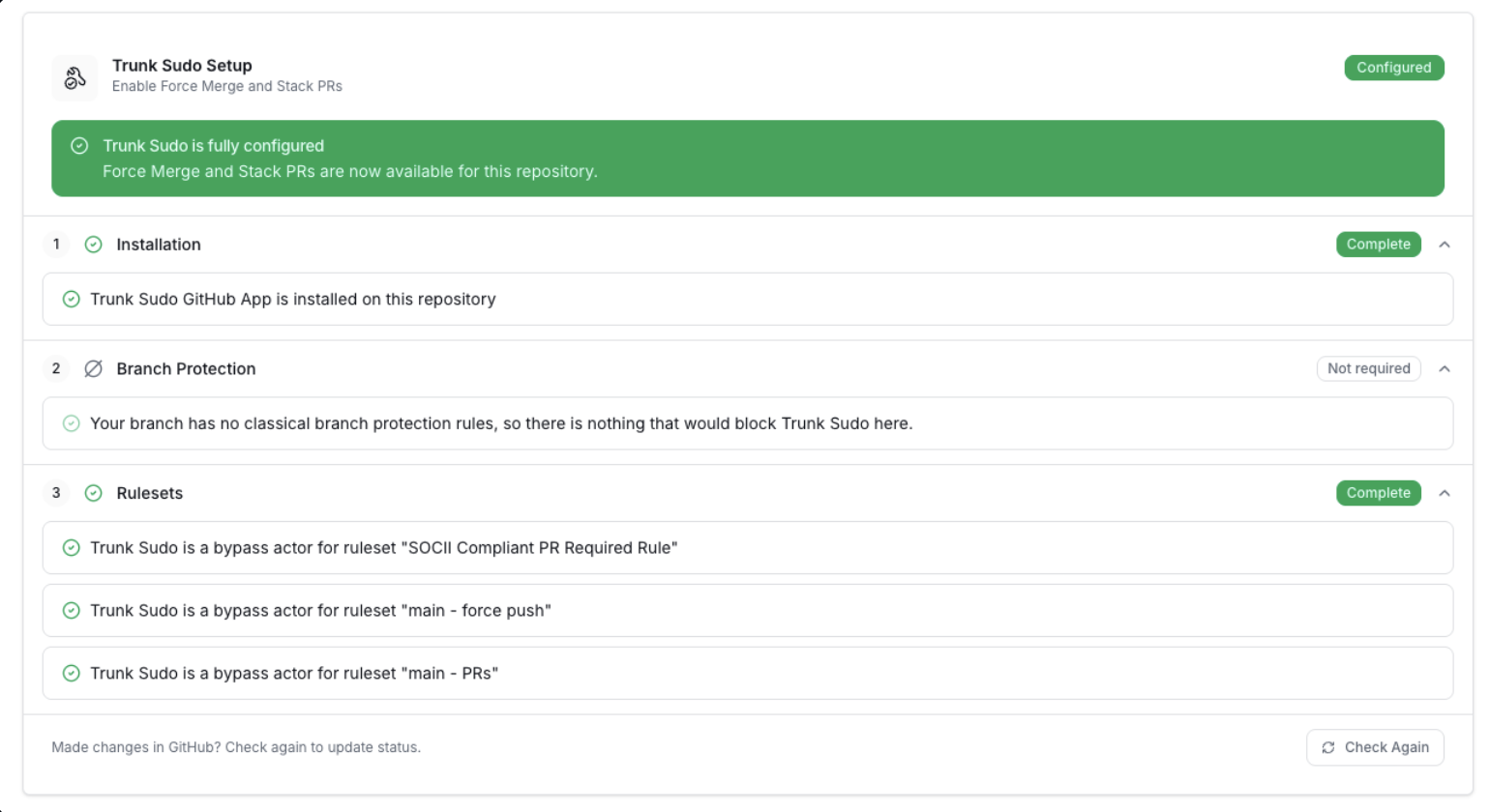 Trunk Sudo setup checklist in the Merge Queue settings page