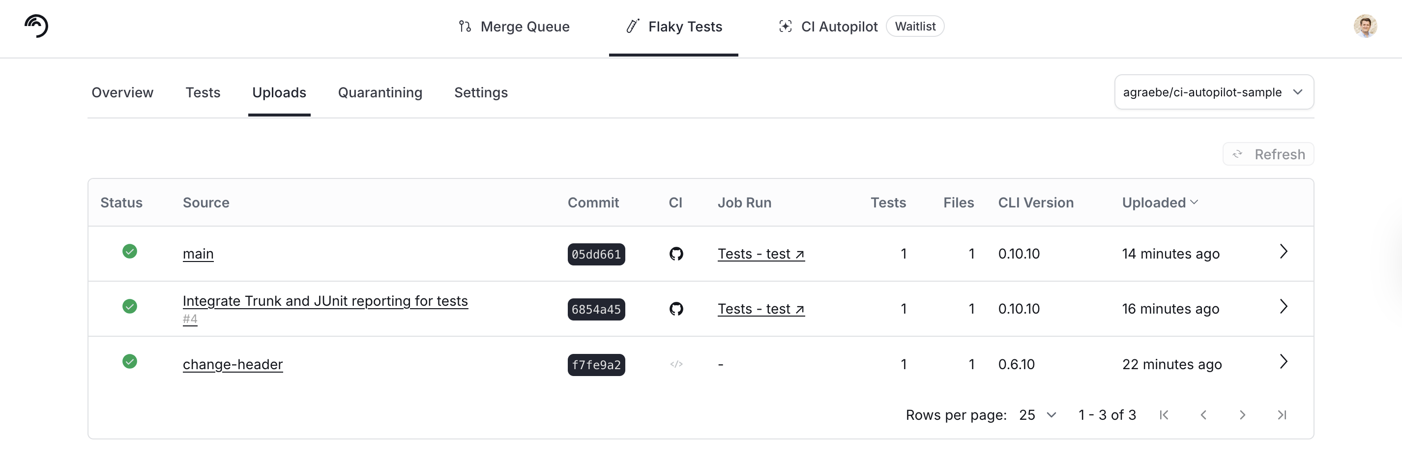 The uploads tab contains results received from past CI jobs.